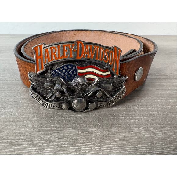 Vintage Harley-Davidson Leather Belt w/ USA Eagle Flag Buckle Great American 42 - Picture 1 of 9